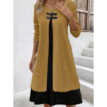 Autumn / Winter New Sweater Fake Two Women's Dresses Elegant Temperament Mature Women Fake Two Knitted Dresses Patchwork Dress