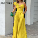 Women Elegant Solid One Shoulder Ruffle Sleeveless Hollow Bow Wide Leg Formal Jumpsuit