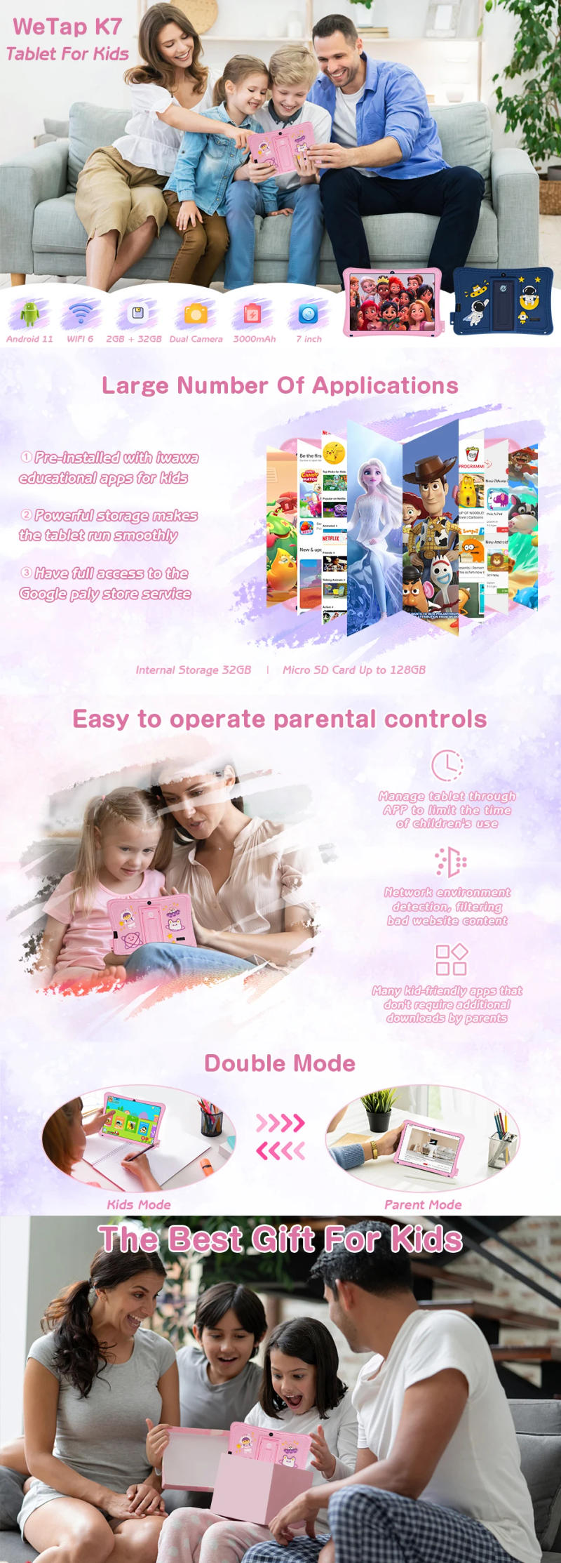 Description Picture 2 of item7 Inch Android Kids Tablet 2+32GB WiFi Google Play Toddler Tablet with Parental Control Children Tablet with Kid-Proof Case