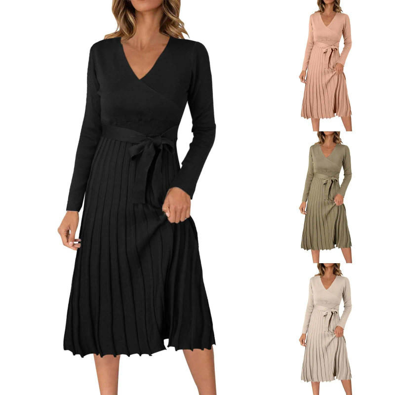 Description Picture 2 of itemWomens Wrap V Neck Sweater Dress Long Sleeve Pleated Midi Dresses With Belt Petite Dresses for Work