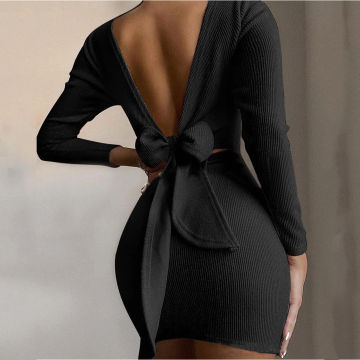 Fashion Open Back Bodycon Dresses For Women 2023 Hip Wrap Dress Knotted Soild Color Long Sleeves Dress сарафан женский летний