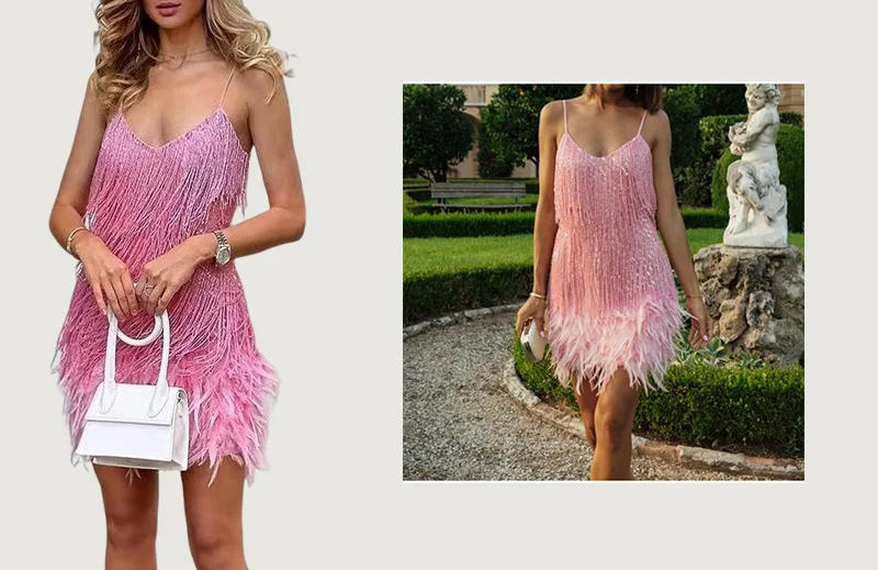 Description Picture 4 of itemVssjavun Sequins Tassel Feather Spaghetti Strap Dress Women Fashion Sexy Stitching Mini Dress Evening Party Club Elegant Dress