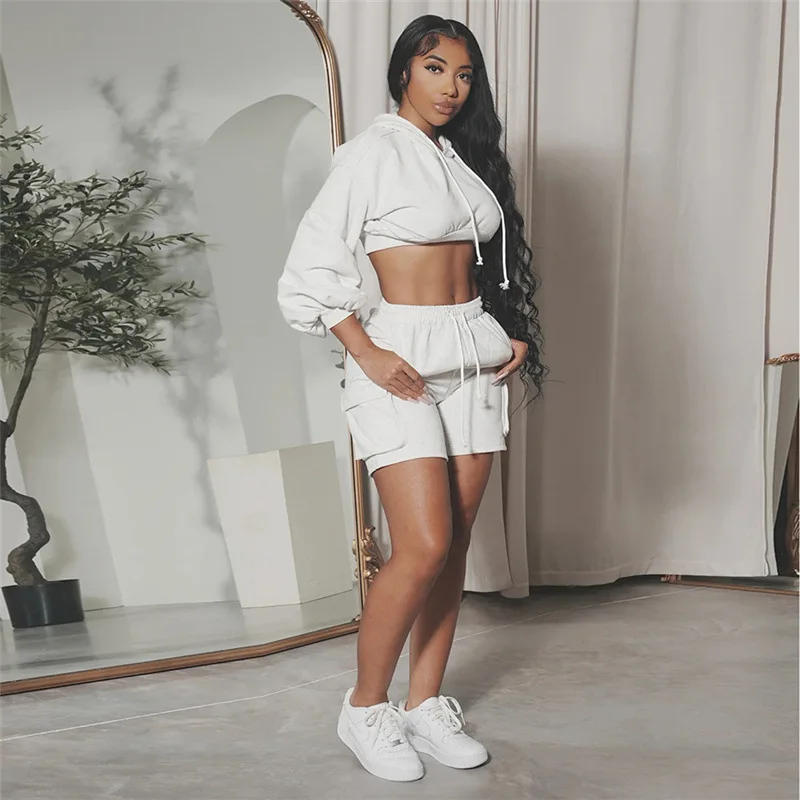 Description Picture 5 of itemCasual Solid Color Hooded Sweatshirt High Waist Hot Shorts Tracksuit Women Fitness Running Solid Pullover Hoodies Top Crop Pant