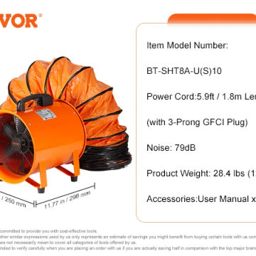 VEVOR Portable Ventilator 8 inch Heavy Duty Cylinder Fan w/ 33/16.4ft Hose11070CFM for Sucking Dust Smoke Smoke Home/Workplace