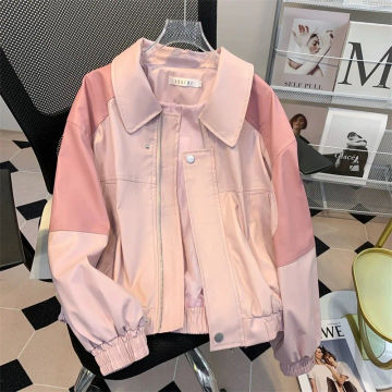 Deeptown Pink Zip Up Cropped Jackets for Women Y2k Streetwear Sweet PU Leather Jacket 90s Vintage Varsity Jackets Harajuku Coats