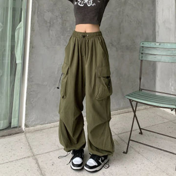 Y2K Parachute Black Pants Women Hippie Streetwear Oversize Pockets Cargo Trousers Harajuku Wide Leg Baggy Sweatpants