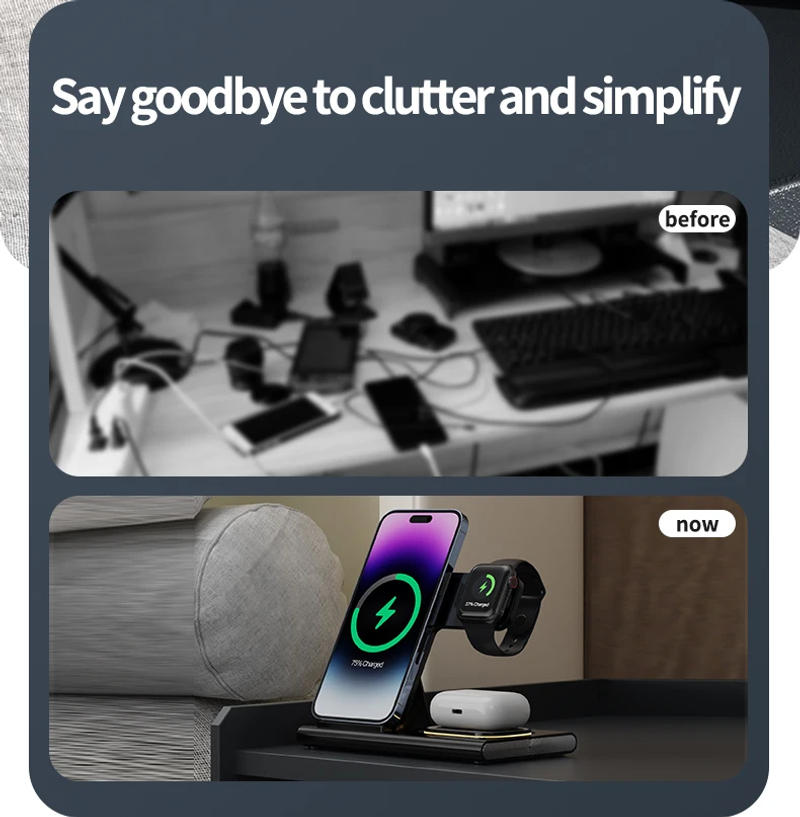 Description Picture 6 of item30W Foldable Fast Wireless Charger Stand For iPhone 14 13 12 Pro Apple Samsung Watch 8 7 6 5 Airpod 3 in 1 Charging Dock Station