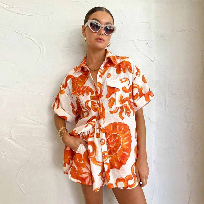 Description Picture 5 of itemWomen's Cotton Linen Two-Piece Set, Print Shirt, Homewear Suits, Casual Short-Sleeved Lapel Loose Blouse, Top and Short Outfit