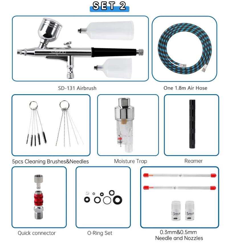 Description Picture 5 of itemDual Action Airbrush Kit Gravity Air Brush Gun with 0.3/0.5mm Nozzle Cleaning Brush Accessories for Nails Cake Model Painting