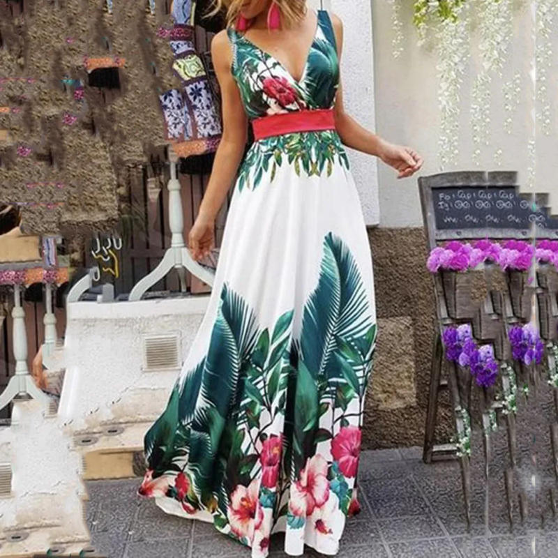 Description Picture 2 of itemSummer Dresses Wedding Party Bridesmaid Deep V Neck Sleeveless Long Dresses High Collect Waist Bohemian Print Maxi Dress платье