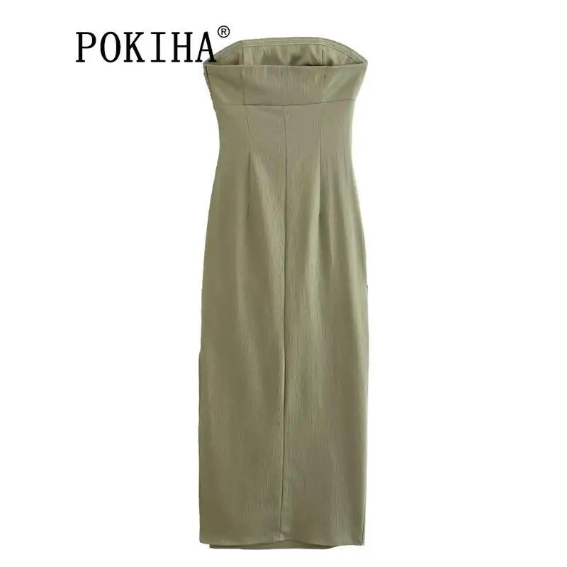 Description Picture 3 of itemPokiha Summer Women 2023 Chic Ruched Elegant Tube Tight Holiday  Evening Gown Dress Casual Bodycon Strapless Split Dresses Trend
