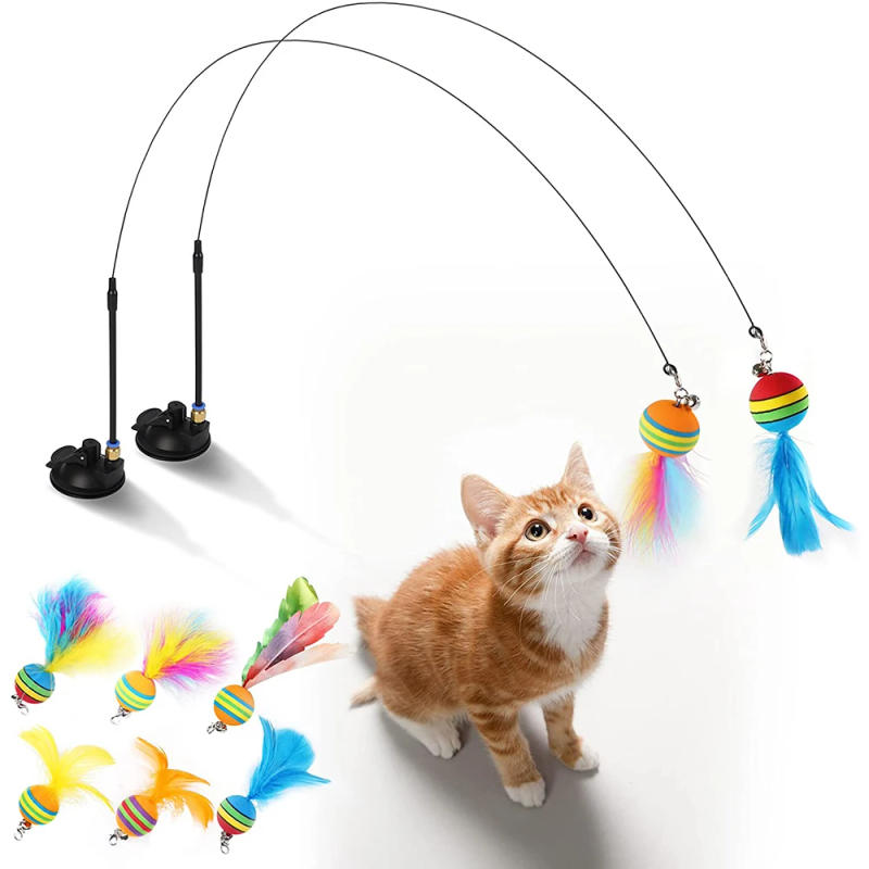 Description Picture 2 of itemCat Toys Interactive Funny Cat Feather Wand Suction Cup Ball Feathers Replacements with Bells for Indoor Cats Kitten Exercise