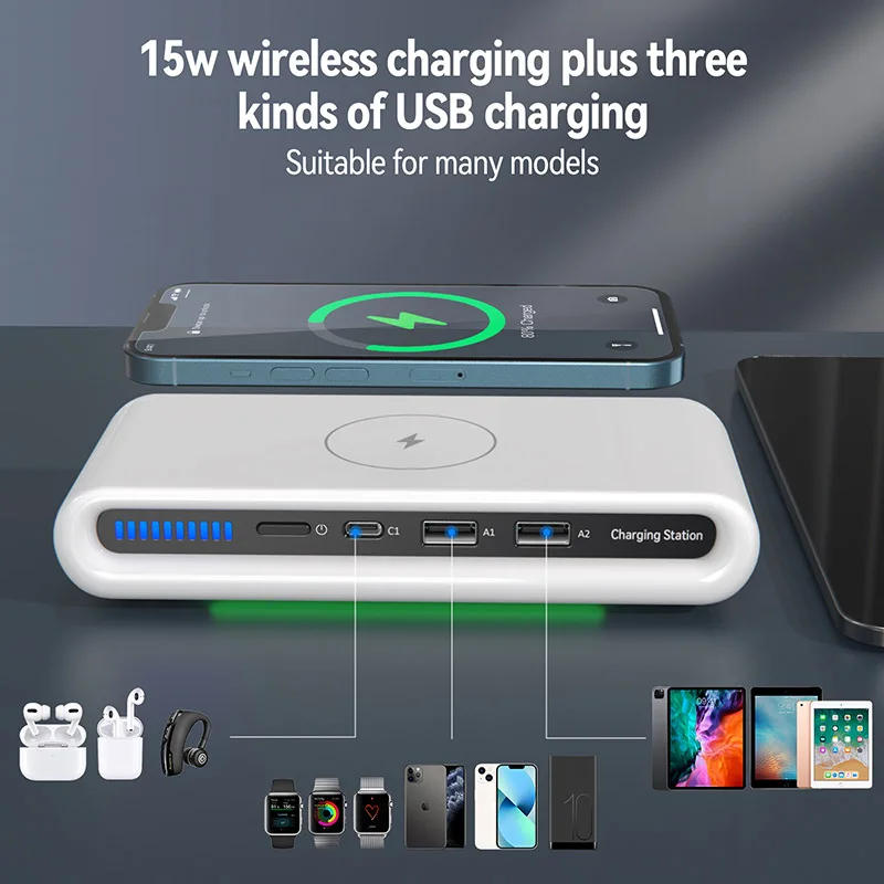 Description Picture 4 of item15W Fast Chargers USB Type C For Apple iPhone 13 12 Watch Airpods Wireless Charging Station Color LED Indicator Desktop Charger