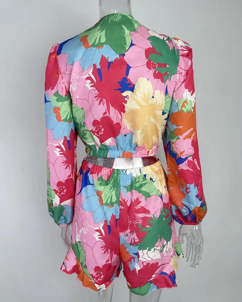 Description Picture 3 of itemColor Printed Two Piece Set Women Long Sleeve Leace-up Deep V-neck Tops Shorts Sets 2023 Summer New Casual Beach Party Bohemian