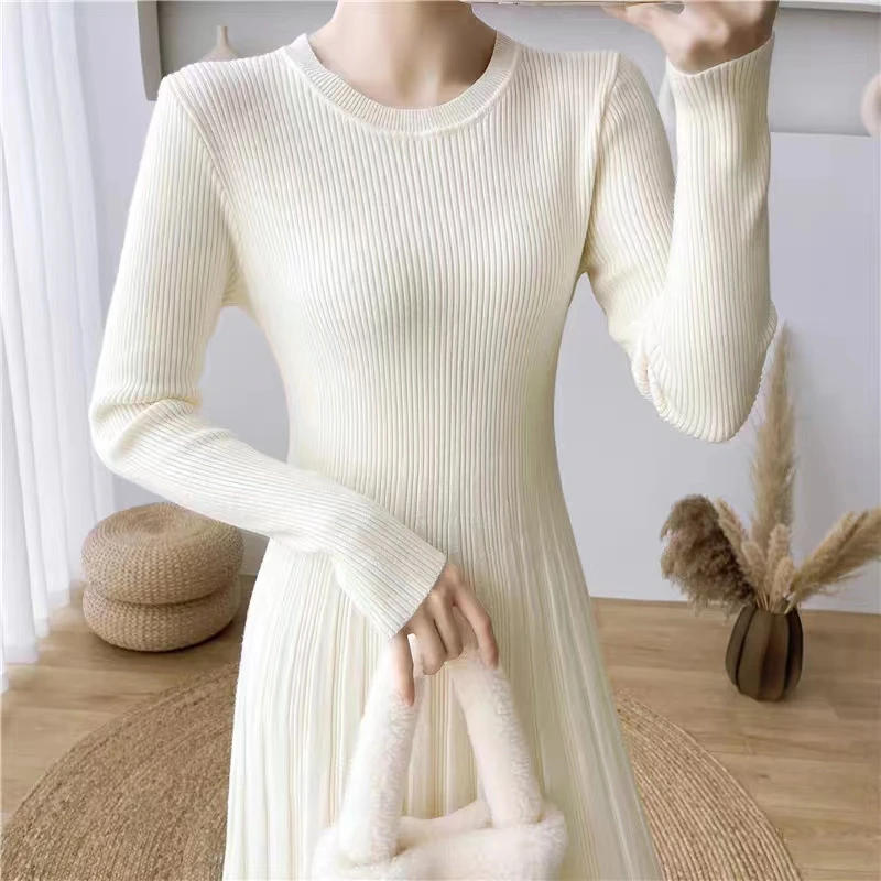 Description Picture 2 of itemVintage Korean Pleated Dress Long Sleeve Sweater Elegant Party Female Office Lady Slim Dress Autumn Winter 2023 Vestidos