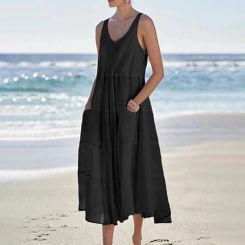2023 Summer Women Beach Dress Elegant Solid Cotton Linen Dress Sleeveless Long Tank Dress Casual Loose Pocket Maxi Sundress Robe