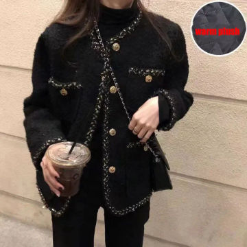 CJFHJE Warm Wool Tweed Jacket Coats Women Winter Korean Style Black Long Sleeve Jackets Woman Pockets Single-Breasted Outwear