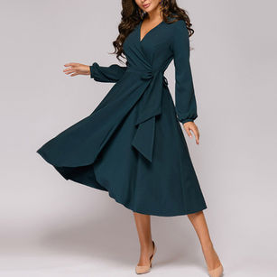Chic Women Solid Color V Neck Long Sleeve Waist Tight Large Swing Midi Dress