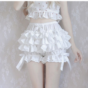 Women Lolita Maid Ruffle Shorts Bloomers Bowknot Lace Trim Pumpkin Shorts Kawaii Safety Pants Cosplay Panties