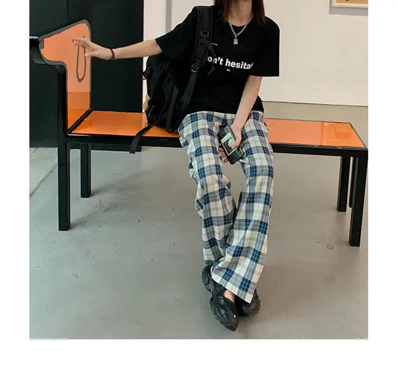 Description Picture 6 of itemVintage Classic Plaid Print Y2K Harajuku Straight Trousers Women Summer Korean Casual High Waist Streetwear Loose Pants Clothing