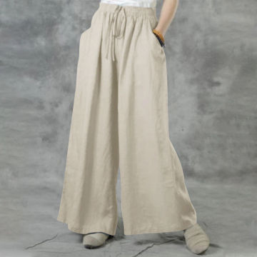 Plus Size Oversized Womens Autumn Winter Casual Cotton Linen Baggy Wide Leg Solid Pants Ladies Loose Palazzo Trousers For Female