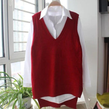 Korean Women Knitted Sweater Sleeveless College Style Women Loose Vest Ladies V-Neck Pullover Tops Female Waistcoat Pull Femme