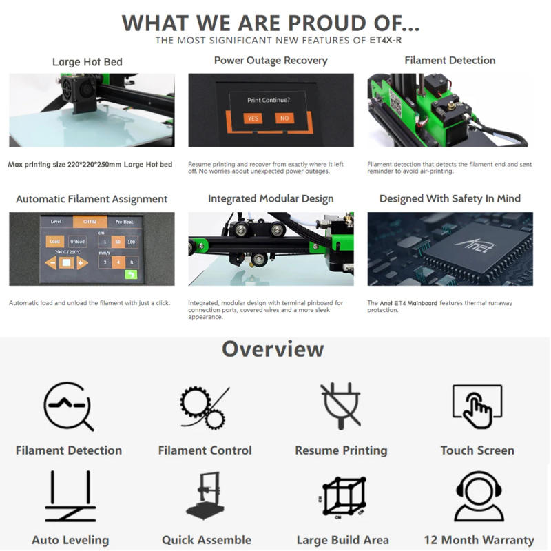 Description Picture 3 of itemNew Anet ET4X-R 3D Printer With Filament Detector Resume Printing Fast Heating Up Max 220*220*250mm Russian Local Shipping