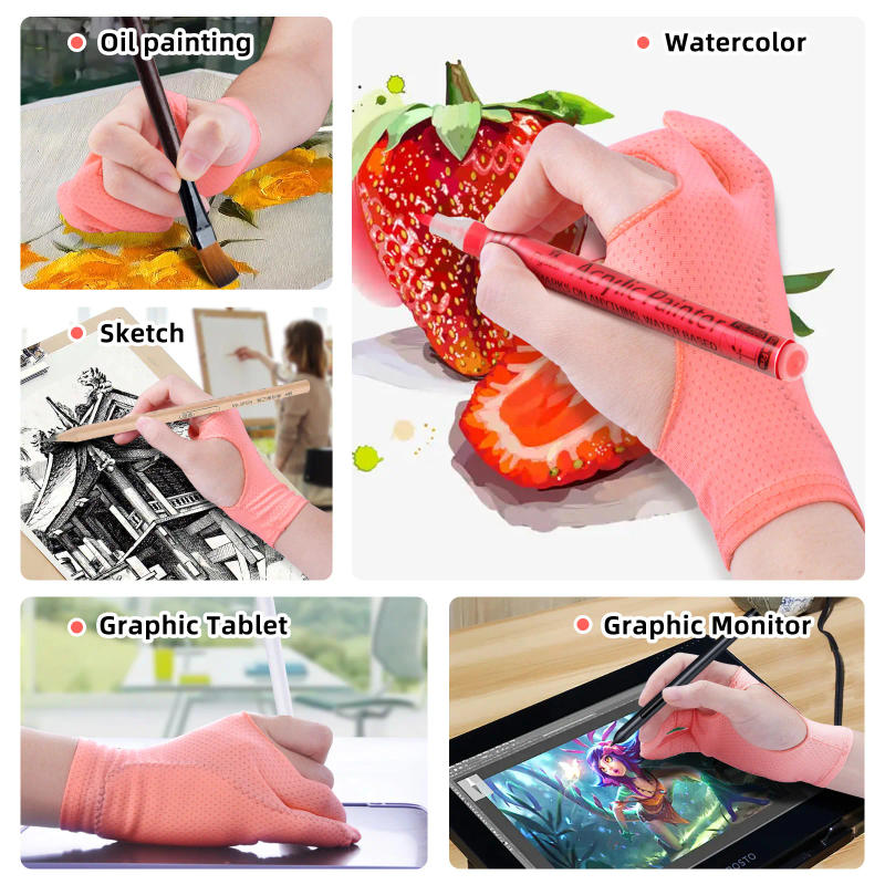 Description Picture 4 of item1PC Pink Drawing Glove for Any Graphics Drawing Table 2 finger Anti-Fouling Right And Left Hand Drawing Gloves Artist
