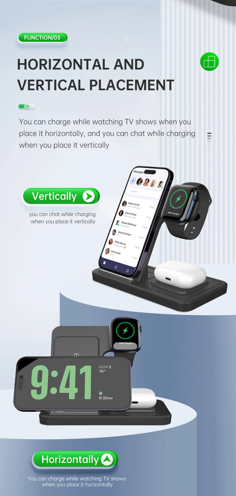 Description Picture 6 of item3 in 1 Wireless Charger Stand For iPhone 15 14 13 12 11 Fast Charging Station For Apple Watch 9 8 7 6 5 SE AirPods Pro 2 3