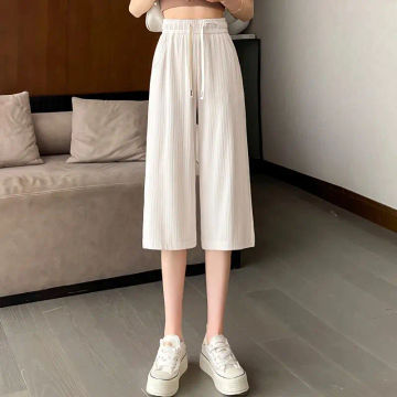 Ice Silk Shorts Women Thin Casual High Waist Cropped Pants Loose Draping Straight Tube Wide Leg Pants Basic Cycling Sweatpants