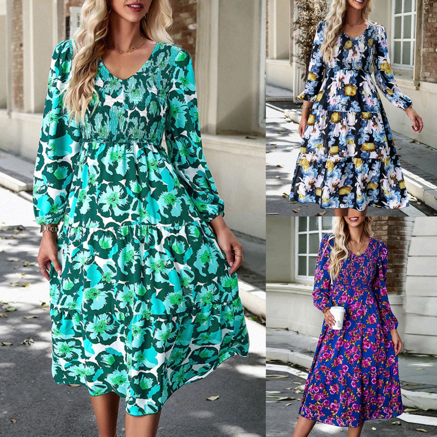 Description Picture 4 of itemWomen Floral Printed Dress Elegant High Elastic Wasit Dress Fashion Pullover Ladies Commuting Dress