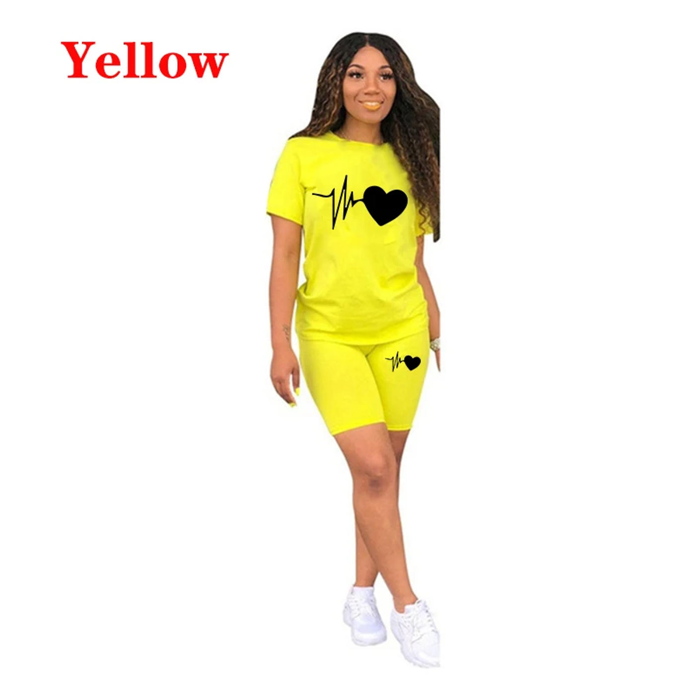 Description Picture 6 of itemSummer New Women Fashion Solid Color Print 2 Piece Sets Casual Sports Suit Short Sleeve T-shirt + Shorts S-3XL