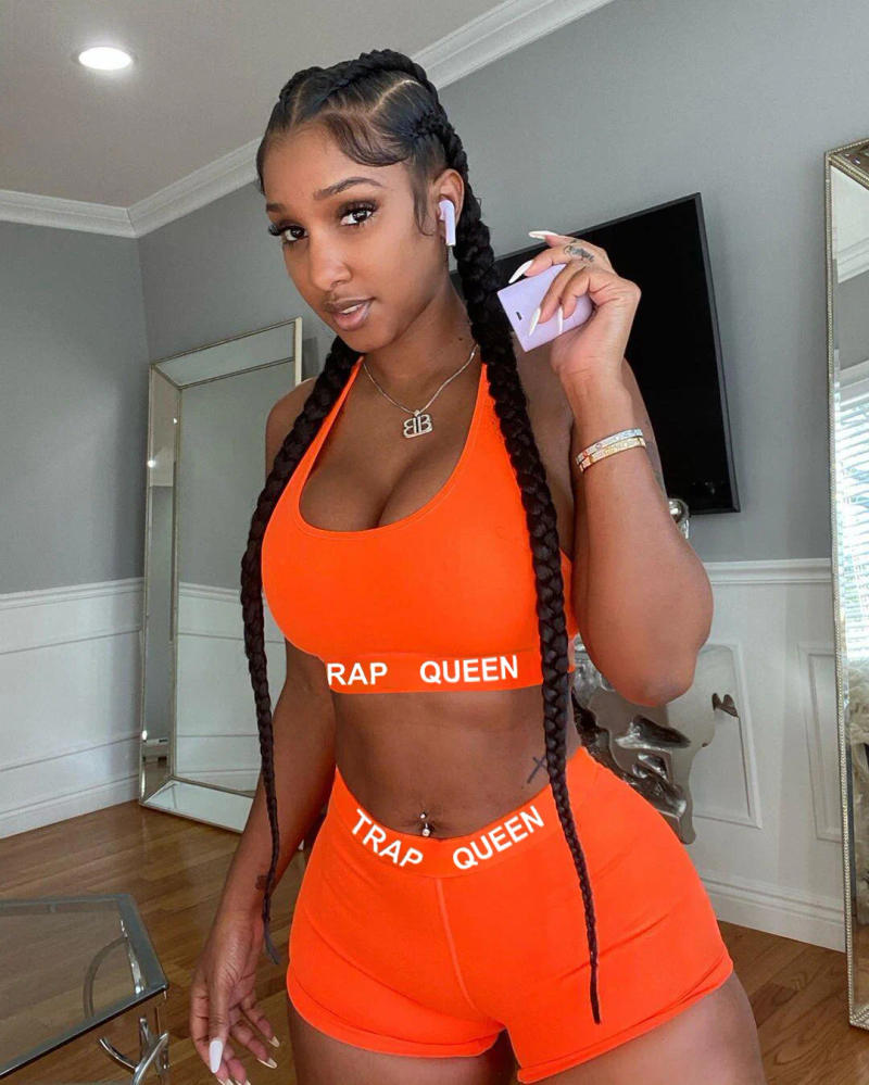 Description Picture 4 of itemANJAMANOR Letter Print Neon Orange Sporty Two Piece Set Crop Top and Booty Shorts Sexy Tracksuit 2 Piece Bodycon Outfit D13-CA12