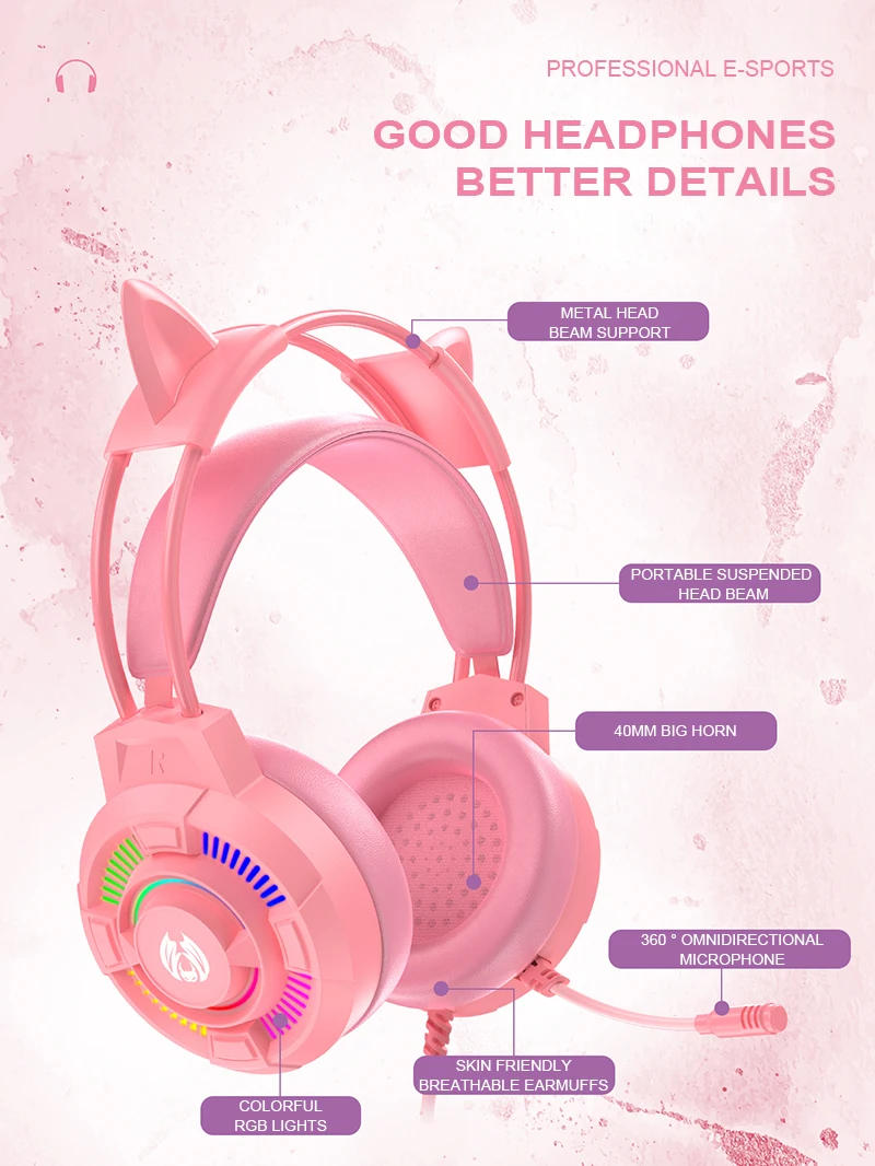 Description Picture 2 of itemWired Gaming Headset Pink Cat Ears RGB Backlight Over-Ear Headphone Noise Cancelling Mic Surround Sound Headset For Laptop