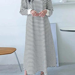 ZNAZEA Fashion Long Sleeve Sundress Casual Stripe Printed Dress Woman O-Neck, Dresses Female Elegant Street Maxi Robe Oversized