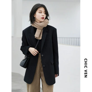 CHIC VEN Women's Blazer Black Casual Wide Shoulder Woolen Coat  Female Tops Long Sleeve Office Lady Jackets Autumn Winter 2022