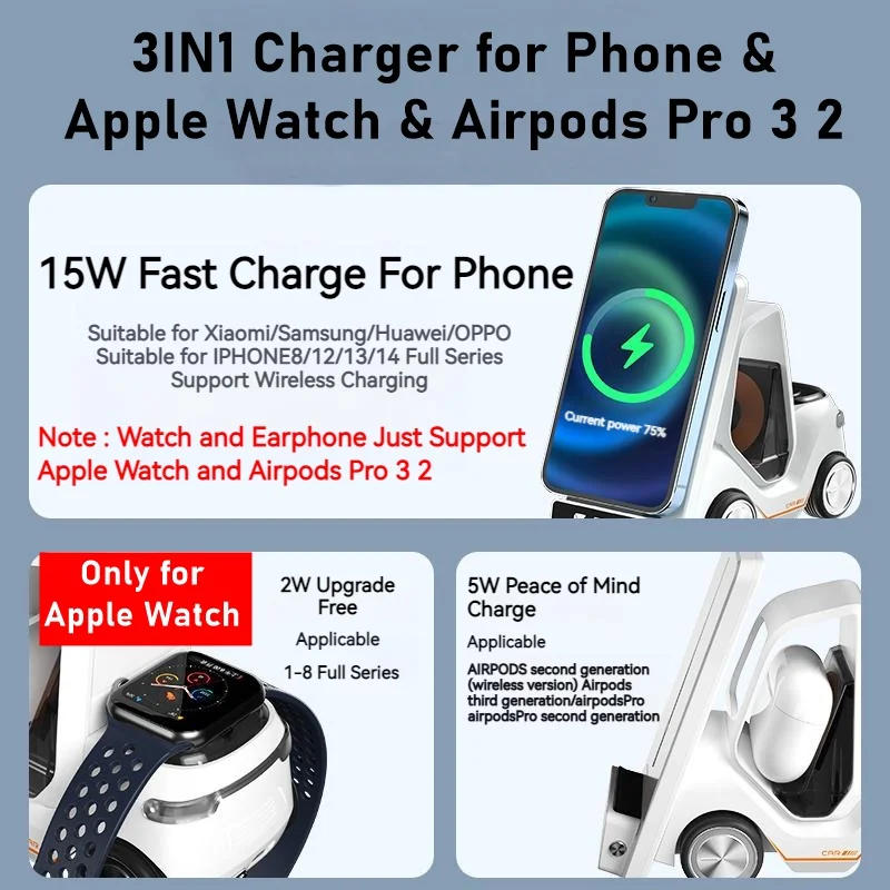Description Picture 5 of itemAlarm Clock Wireless Charger Station For Apple Watch Airpods Pro Car Design Night Light Charging Station For Iphone 11 12 13 14
