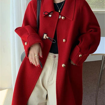 Cotvotee Red Wool Coat Women Autumn Winter 2023 Vintage New Turn Down Collar Long Coats Casual Long Sleeve Horn Button Jacket