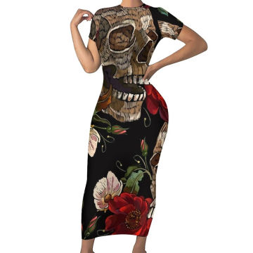 Green Skull Dress Woman Gothic Print Street Wear Bodycon Dress Summer Short Sleeve Sexy Maxi Dresses Design Oversize Vestido