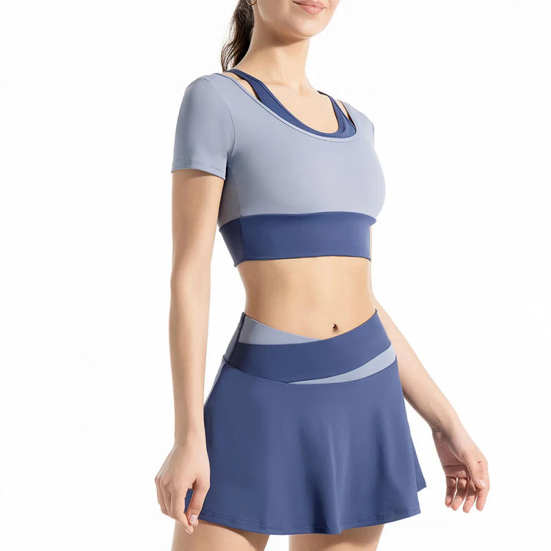 Description Picture 5 of itemColored High Elasticity Belt Chest Cushion Yoga Fake Two Piece Short Sleeve T-shirt Nude Anti Light Sports Short Skirt Set