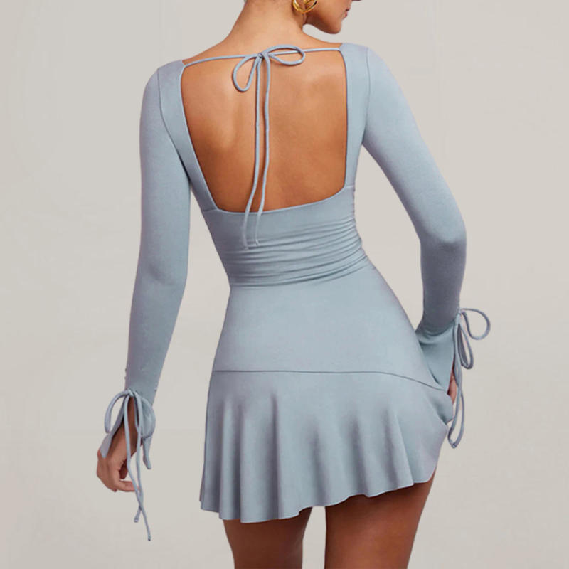 Description Picture 4 of itemWomen Bell Sleeve Dress Skinny Tie Up Mini Dress Pullover Bodycon Short Dress Sexy Backless Dress Party Club Dress