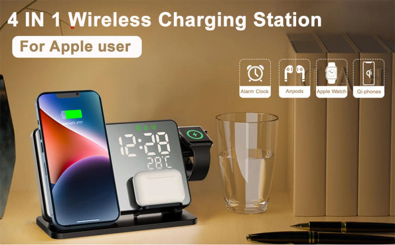 Description Picture 2 of item3 in 1 Wireless Charger For iPhone 14 13 12 Pro Max Fast Charging Station For Apple Watch 8 7 Chargers Stand With Alarm Clock
