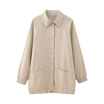TELLHONEY Women Fashion Lapel Collar Single Breasted Bomber Jacket Female Casual Long Sleeves With Pockets Beige Outfits