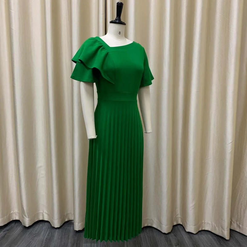 Description Picture 6 of itemWomen Pleated Midi Dresses Short Sleeve Ruffles Elegant A Line Spring Summer Chic Fashion Gown Party Birthday Robes Maxi Dress