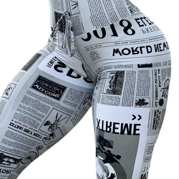 2023 Summer Workout Leggings Black White High street Newspaper Letter Print Streetwear Legging Fitness Women Sexy Casual Trouser