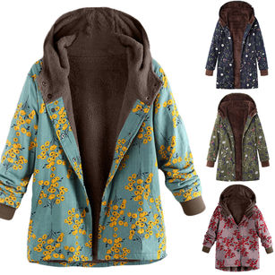 Retro Women Floral Print Thicken Long Sleeve Hooded Button Padded Coat Outwear