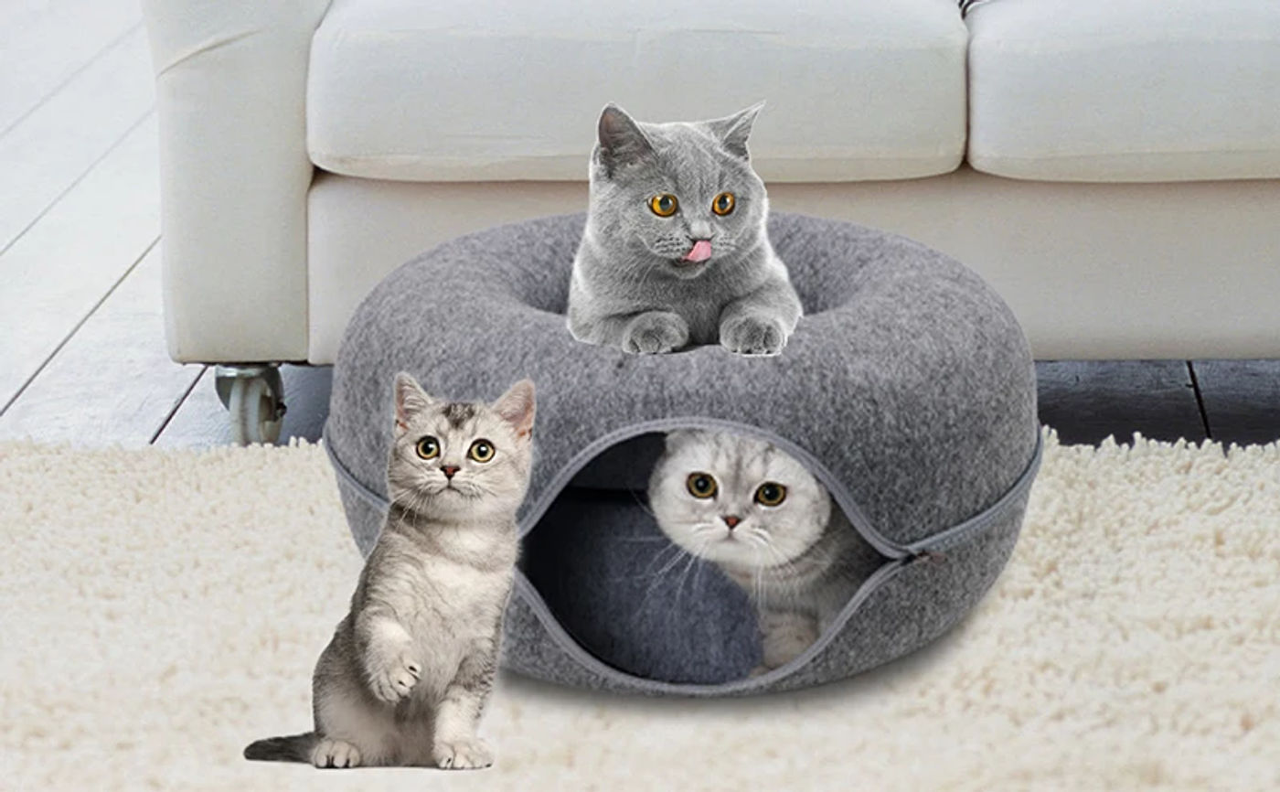 Description Picture 2 of itemFelt Cat Tunnel Bed, Kitten Tunnel, Cat Hideout, Donut Cat Bed, Universal for All Seasons Cat Condo and Cat Cave for Small Pets
