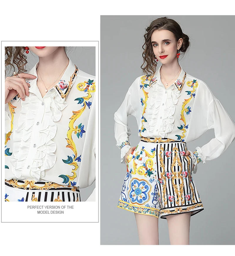 Description Picture 4 of itemBanulin Summer Runway Flower Print Two-piece Set Women Flare Sleeve Ruffles Shirt Top and Stripe Pocket Shorts Suits Set N56608