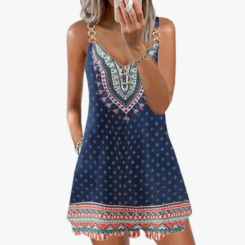 Description Picture 2 of itemBohemian Printed Summer Dresses for Women Floral Beach Sundress Sexy Zipper V Neck Spaghetti Strap Boho Holiday Dress Pockets