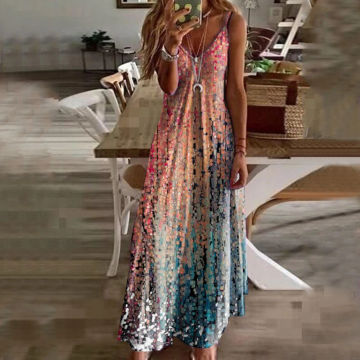 Casual V Neck Long Dresses Maxi Dresses For Women Summer Sleeveless Boho Sundress Beach Dress For Vacation Casual Fall Dresses